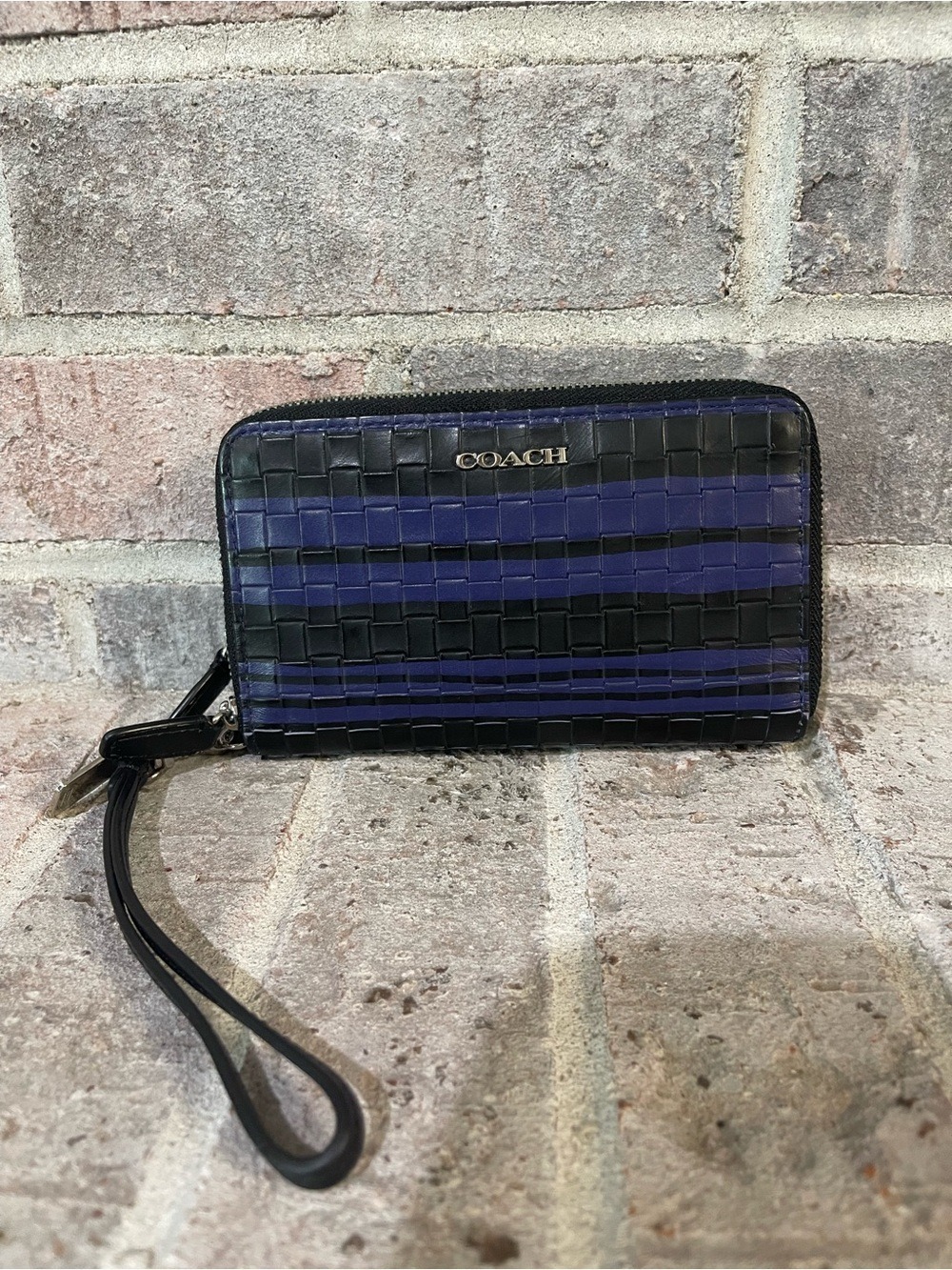 Coach Black and Navy Woven Zip Wristlet